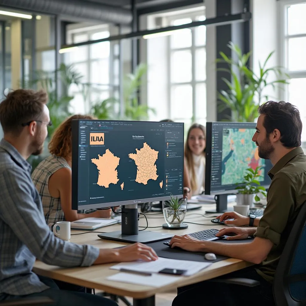 Équipe discutant de stratégies d'investissement immobilier avec IA